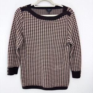 Talbots Womens Pullover Sweater Size M 100% Merino Wool Houndstooth Academia Tan